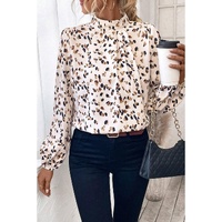 White Leopard Print Lantern Sleeve Mock Neck Pleated Blouse - L thumbnail