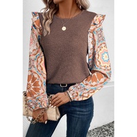 Coffee Ruffled Floral Sleeve Patchwork Waffle Knit O Neck Blouse - L thumbnail