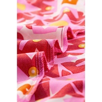 Strawberry Pink Geometric Print Shirred Cuff 3/4 Sleeve Loose Blouse - L thumbnail