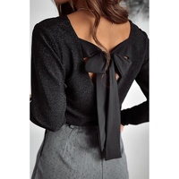 Black Metallic Bowknot Open Back V Neck Top - S thumbnail