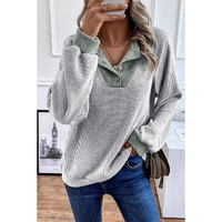 Light Grey Color Contrast Ribbed Loose Fit Long Sleeve Top - 2XL thumbnail