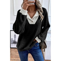 Black Color Contrast Ribbed Loose Fit Long Sleeve Top - S thumbnail