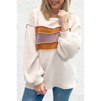 White Corded Exposed Seam Knit Patchwork Drop Sleeve Top - M thumbnail
