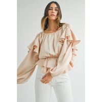 Oatmeal Lace-up Keyhole Back Ruffled Peplum Blouse - L thumbnail