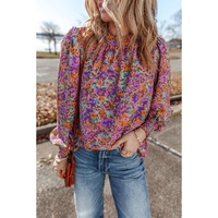 Purple Floral Allover Print Shirred Cuff Frilled O Neck Blouse - L thumbnail