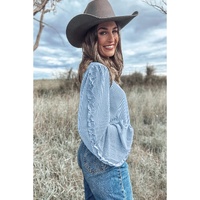 Mist Blue Corded Frilly Puff Sleeve Round Neck Blouse - M thumbnail