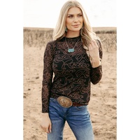 Black Western Rodeo Printed Mock Neck Long Sleeve Mesh Top - L thumbnail