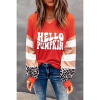 Red Hello Pumpkin Graphic Leopard Striped Colorblock Sleeve V Neck Top - L thumbnail