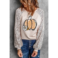 Khaki Leopard Raglan Long Sleeve Floral Pumpkin Graphic Top - L thumbnail