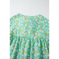 Green Abstract Printed Lace-up Lantern Sleeve Babydoll Blouse - L thumbnail
