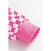Rose Red Checkerboard Striped Patchwork Lantern Sleeve Pocketed Blouse - L thumbnail