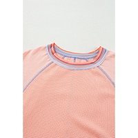 Grapefruit Orange Waffle Knit Wide Bracelet Sleeve Patchwork Raglan Top - L thumbnail