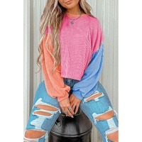 Rose Red Corded Colorblock Patchwork Drop Shoulder Long Sleeve Top - L thumbnail