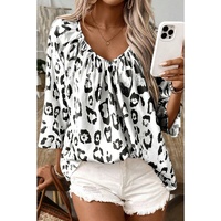 Black Leopard Print Ruched V Neck 3/4 Sleeve Blouse - L thumbnail