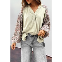 Meadow Mist Green Contrast Printed Bubble Sleeve Henley Loose Top with Slits - L thumbnail