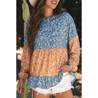 Orange Floral Color Block Patchwork Ruffled Hem Round Neck Blouse - L thumbnail