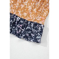 Blue Floral Color Block Patchwork Ruffled Hem Round Neck Blouse - 2XL thumbnail