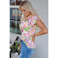 Purple Abstract Printed Ruffled Short Sleeve Notched Neck Blouse - L thumbnail