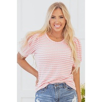 Pink Stripe Textured Puff Sleeve Crewneck Top - L thumbnail