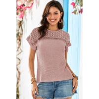 Light Pink Lace Patchwork Waffle Short Sleeve Top - 2XL thumbnail