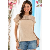Oatmeal Lace Patchwork Waffle Short Sleeve Top - M thumbnail