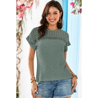 Mist Green Lace Patchwork Waffle Short Sleeve Top - 2XL thumbnail
