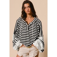 Black white Oversized Striped Henley Buttons Dolman Sleeve Hooded Top - L thumbnail