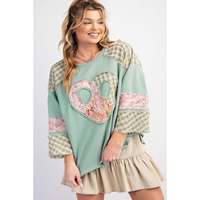 Clearly Aqua Plaid Floral Peace Heart Graphic Wide Long Sleeve Top - L thumbnail