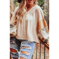 Jet Stream Palm Leaves Polka Dot Puff Sleeve Patchwork V Neck Loose Blouse - 2XL thumbnail