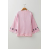 Light Pink Floral Peace Sign Graphic Drop Shoulder Wide Sleeve Casual Top - L thumbnail
