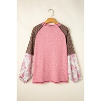 Fushia Mixed Print Raglan Sleeve Ribbed Knit Patchwork Blouse - 2XL thumbnail