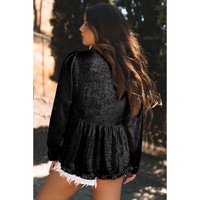 Black Metallic Frilled V Neck Puff Sleeve Babydoll Blouse - M thumbnail
