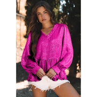 Rose Red Metallic Frilled V Neck Puff Sleeve Babydoll Blouse - M thumbnail