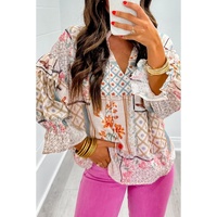 Multicolour Boho Floral Patched Ruffled Sleeve Tied Neck Blouse - S thumbnail