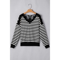Black Stripe Crochet Hollow-out Back Buttoned Shoulder V Neck Top - L thumbnail