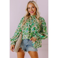 Green Leafy Printed Flounce Sleeve Shirred Mock Neck Blouse - L thumbnail