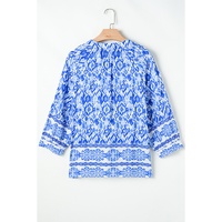 Blue Boho Printed 3/4 Sleeve Tied Neck Blouse - L thumbnail