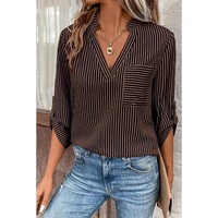 Brown Stripe V Neck Roll Up Sleeve Pocket Patched Classic Shirt - L thumbnail