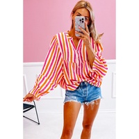 Orange Stripe Balloon Sleeve Notched V Neck Buttoned Front Blouse - L thumbnail