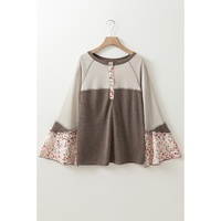 Goat Colorblock Floral Patchwork Flared Sleeve Buttons Henley Top - L thumbnail