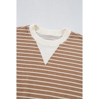 Khaki Stripe Patched Edge Textured Round Neck Long Sleeve Top - L thumbnail
