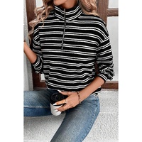 Black Stripe Textured Quarter Zip Collar Long Sleeve Top - L thumbnail