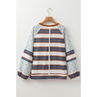 White Striped Floral Printed Patchwork Lantern Sleeve Blouse - L thumbnail