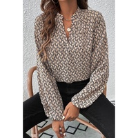 Khaki Geometric Print Notched Neck Puff Sleeve Blouse - L thumbnail