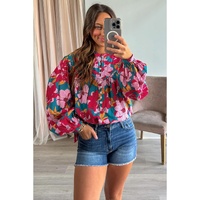 Red Floral Printed Balloon Sleeve Half Buttons Blouse - L thumbnail
