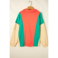 Grapefruit Orange Color Block Patchwork Collared V Neck Loose Top - L thumbnail