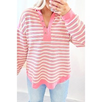 Pink Stripe Buttoned V Neck Collared Drop Shoulder Top - L thumbnail