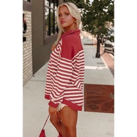 Red Stripe Buttoned V Neck Collared Drop Shoulder Top - L thumbnail