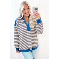 Blue Stripe Buttoned V Neck Collared Drop Shoulder Top - 2XL thumbnail