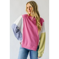 Sachet Pink Exposed Seam Striped Color Block Patchwork Long Sleeve Top - M thumbnail